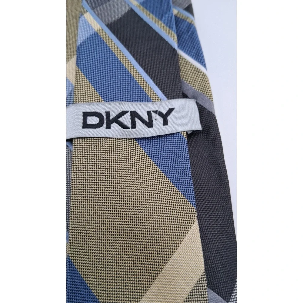 DKNY Men's Silk Tie Brass/Black/Blue/Gray Plaid